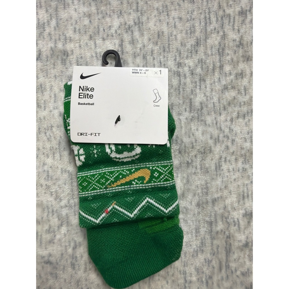 Nike Elite Basketball Crew Sock Green White Holiday Youth 3Y-5Y Women 4-6 SX7866